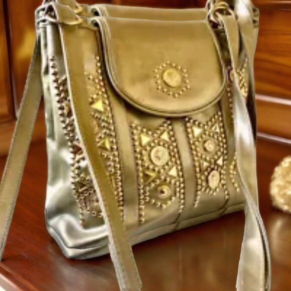 Comeco Vintage Crossbody Bucket Handbag Black Fabric + Gold Faux Leather - Picture 11 of 13